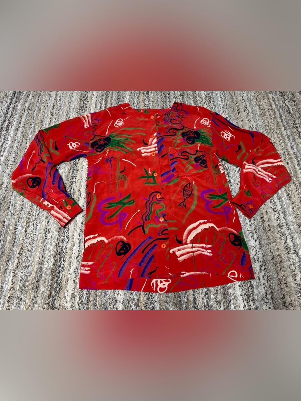 Vtg Krizia Silk Long Sleeve ButtonUp Red Abstract 80’s/90’s Blouse Italy Size 44